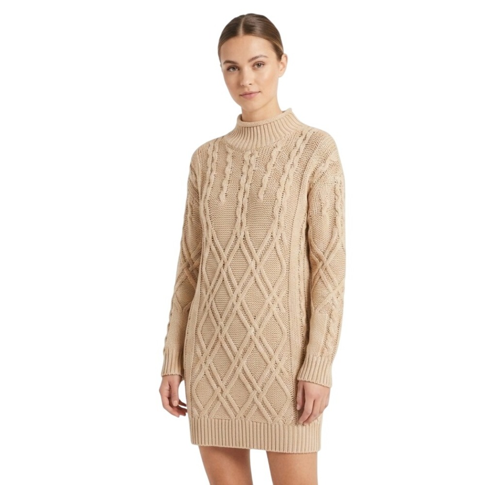 Better Be Sweater Dress Womens L Tan Beige Cable Knit Mock Neck Mini DGI4358